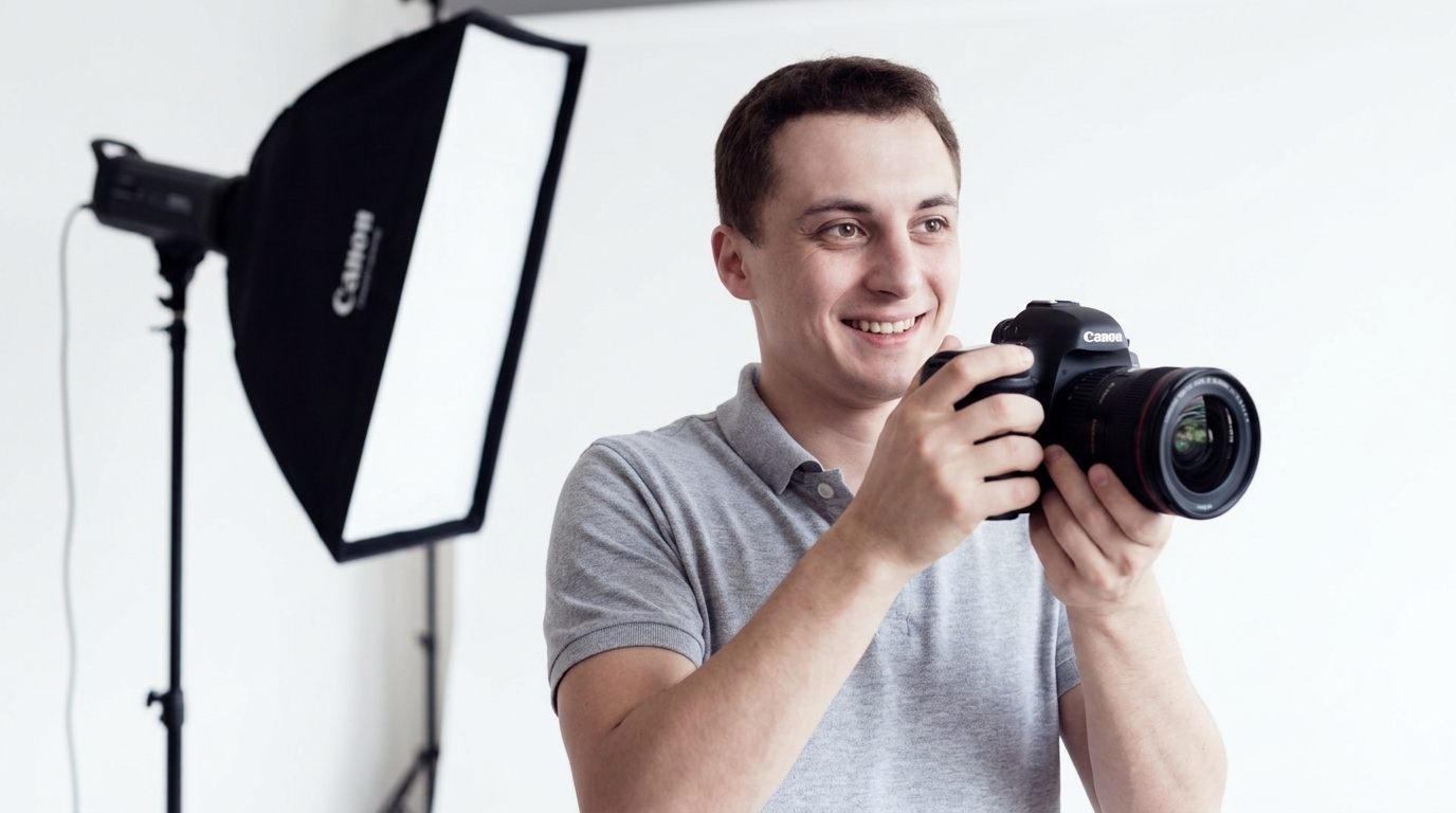 Andreas Zorn mit Kamera im Fotostudio