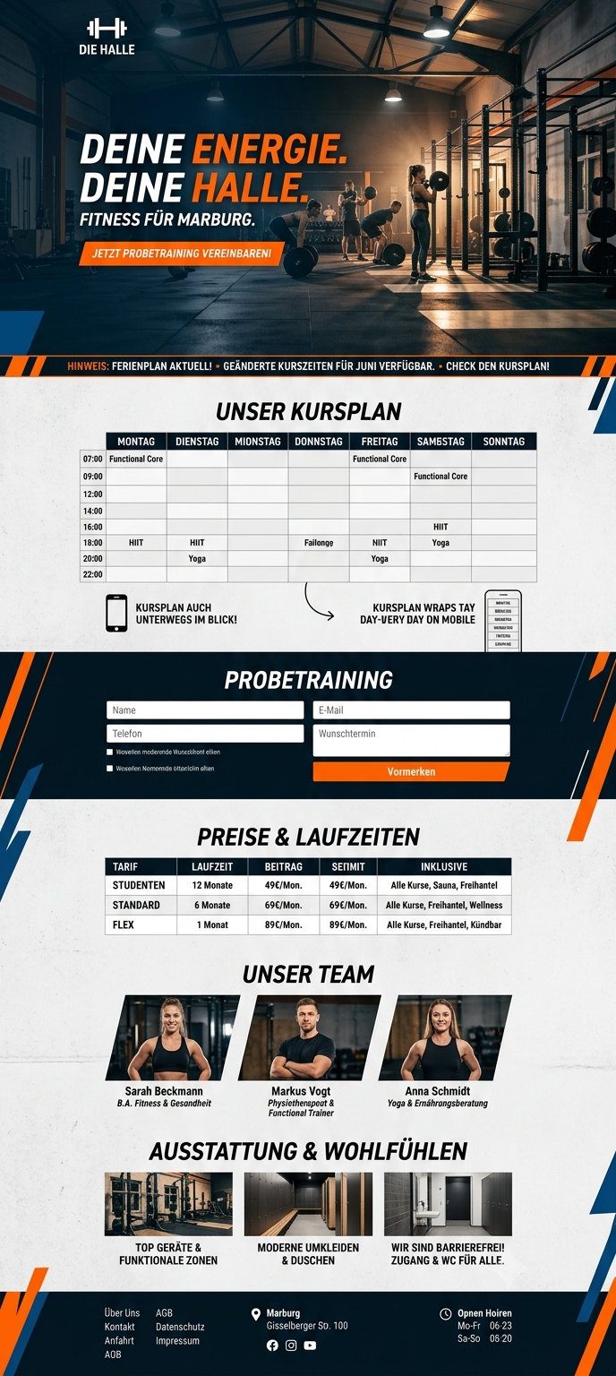 Komplette Startseite der Designvorlage „Halle“