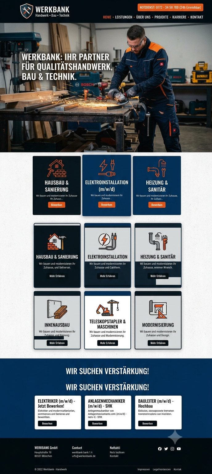 Komplette Startseite der Designvorlage „Werkbank“