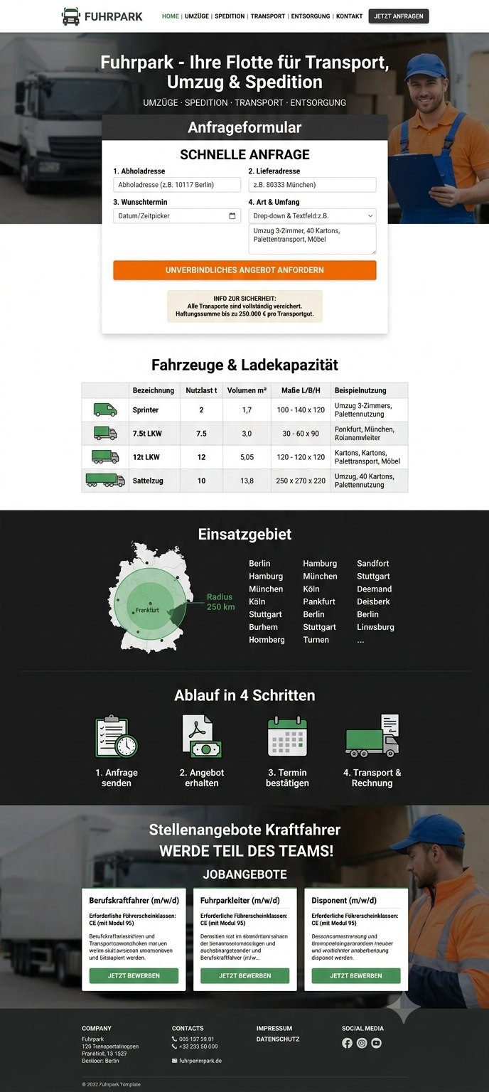 Komplette Startseite der Designvorlage „Fuhrpark“