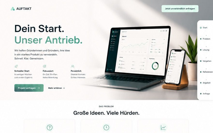 Startseite der Vorlage „Auftakt“, oberer Ausschnitt