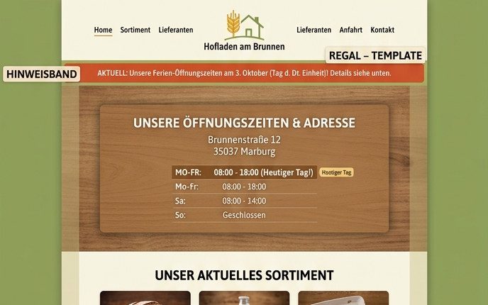 Startseite der Vorlage „Regal“, oberer Ausschnitt